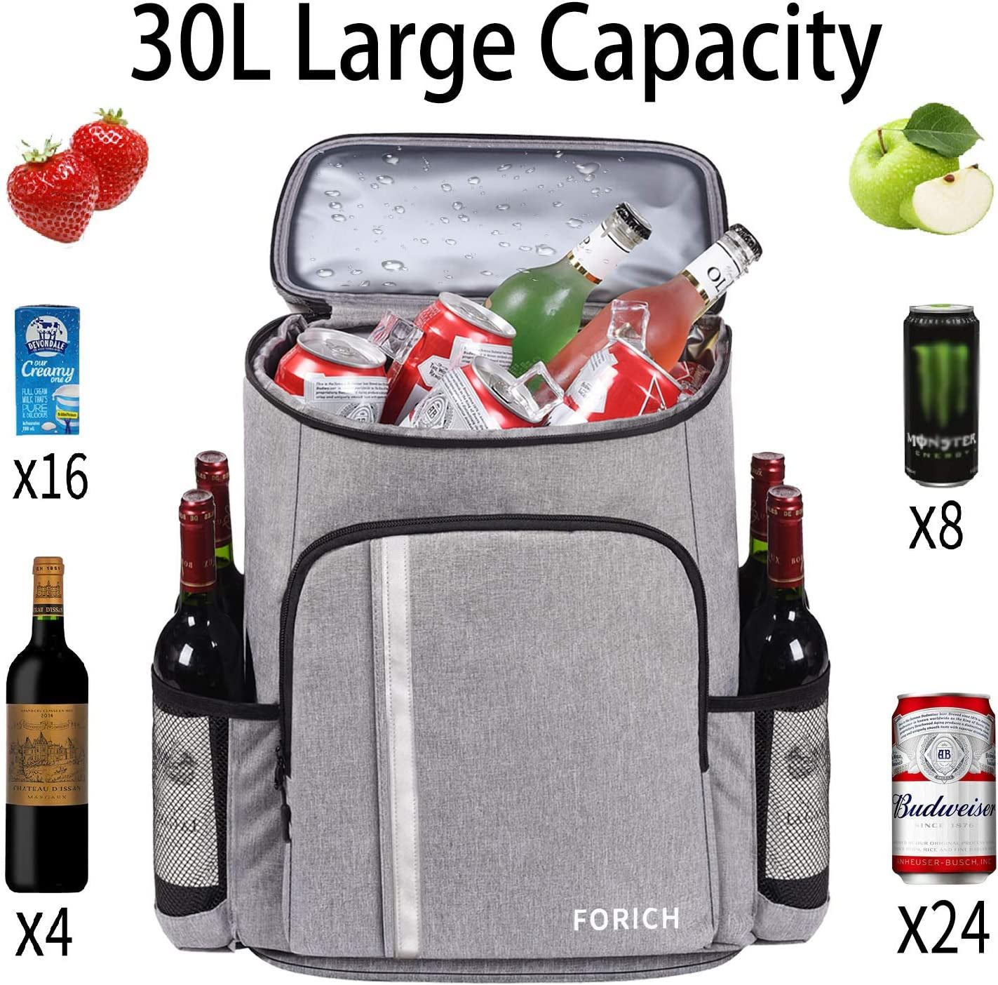 Insulated Waterproof Backpack Cooler Bag - Lightweight and Leakproof Soft Cooler for Work, Lunch, Picnics, Camping, and Hiking (Holds 30 Cans)