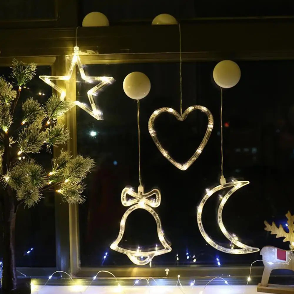 Christmas Star Lights Holiday Window Decoration Christmas LED Star Bell Snowman Santa Suction Cup Fairy Light Home Window Decor
