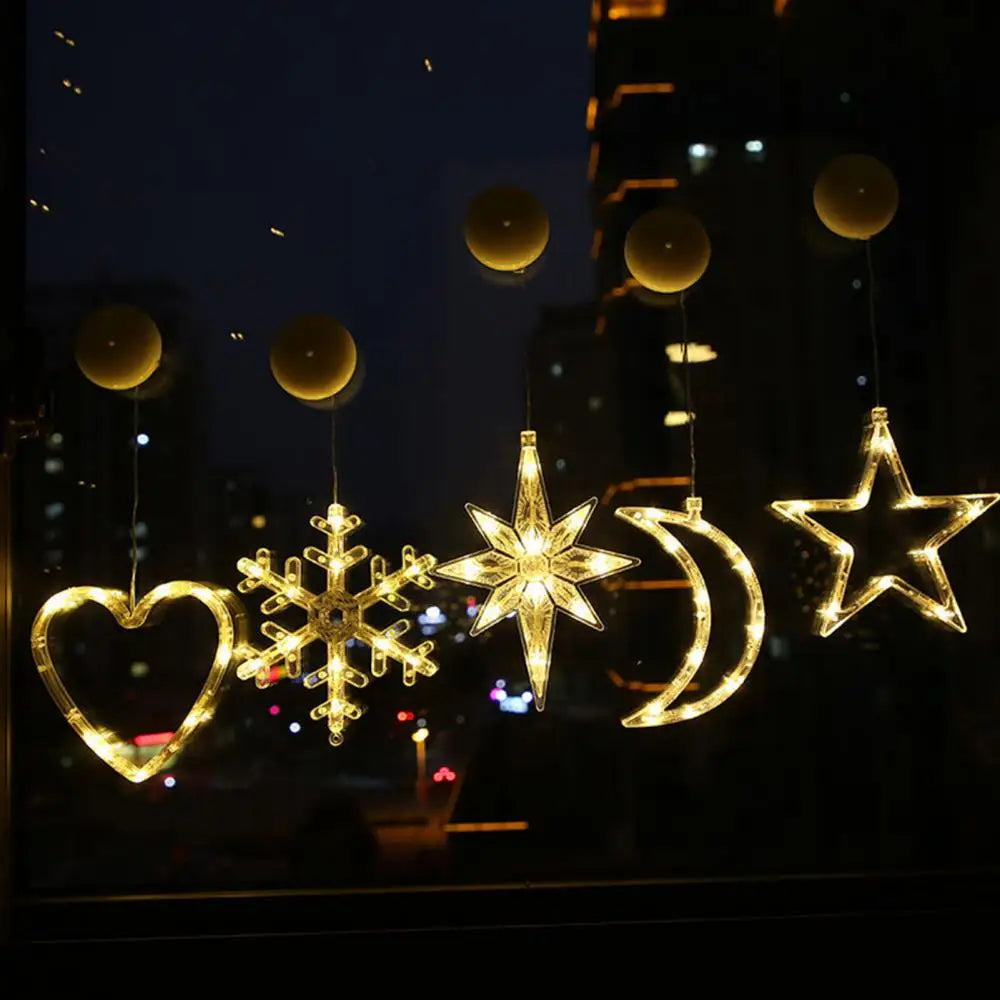 Christmas Star Lights Holiday Window Decoration Christmas LED Star Bell Snowman Santa Suction Cup Fairy Light Home Window Decor