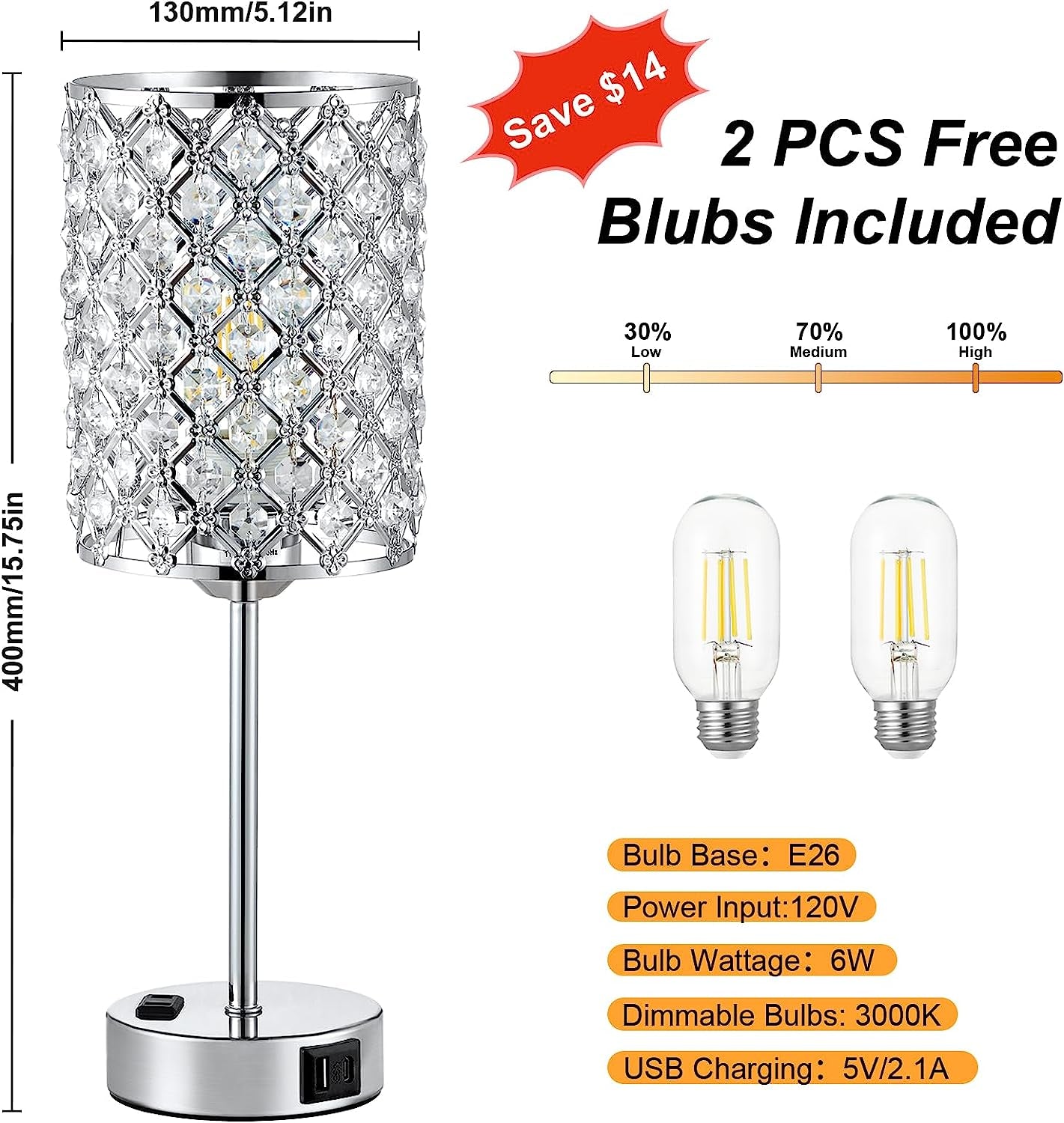 Table Lamps for Bedroom Set of 2-Crystal Table Lamp with USB C+A Ports & AC Outlet Sliver Nightstand Touch Lamp with 3-Way Dimmable Bedside Side Desk Lamp for Living/Bedroom (LED Bulb Included)