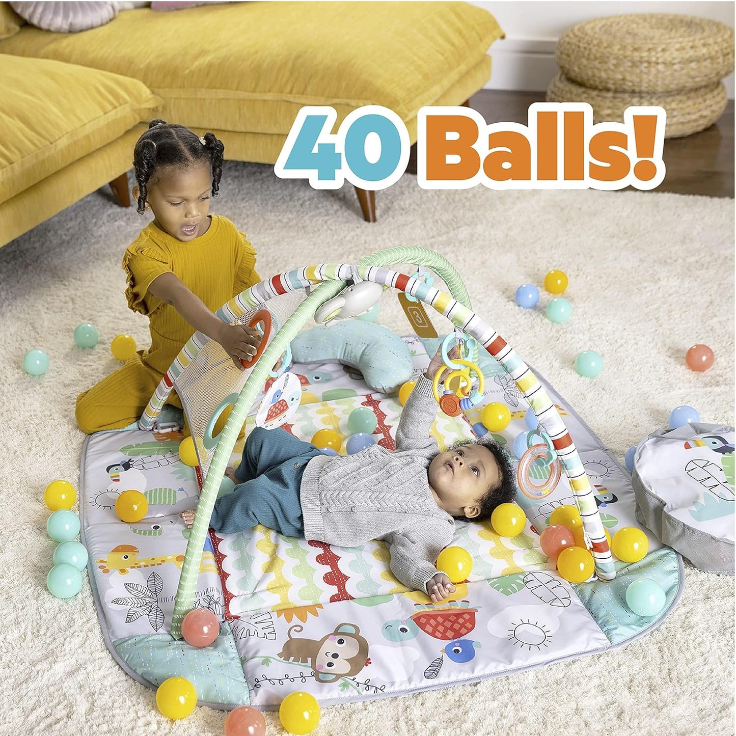 5-in-1 Your Way Ball Play Jumbo Play Mat and Ball Pit - Versatile Baby Gym for Newborns to Toddlers in Tropical Green