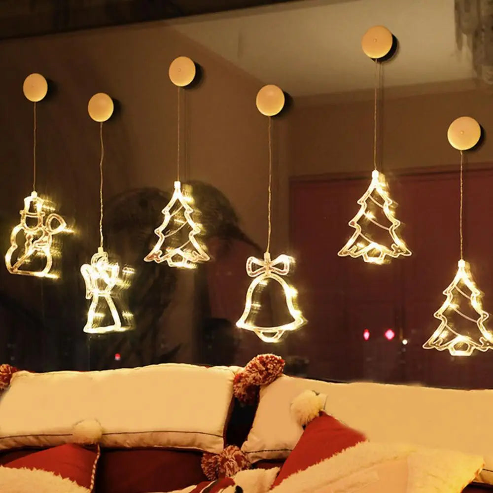 Christmas Star Lights Holiday Window Decoration Christmas LED Star Bell Snowman Santa Suction Cup Fairy Light Home Window Decor
