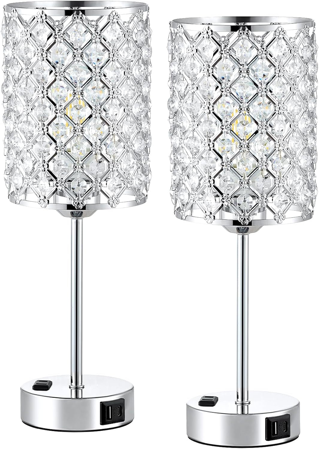Table Lamps for Bedroom Set of 2-Crystal Table Lamp with USB C+A Ports & AC Outlet Sliver Nightstand Touch Lamp with 3-Way Dimmable Bedside Side Desk Lamp for Living/Bedroom (LED Bulb Included)