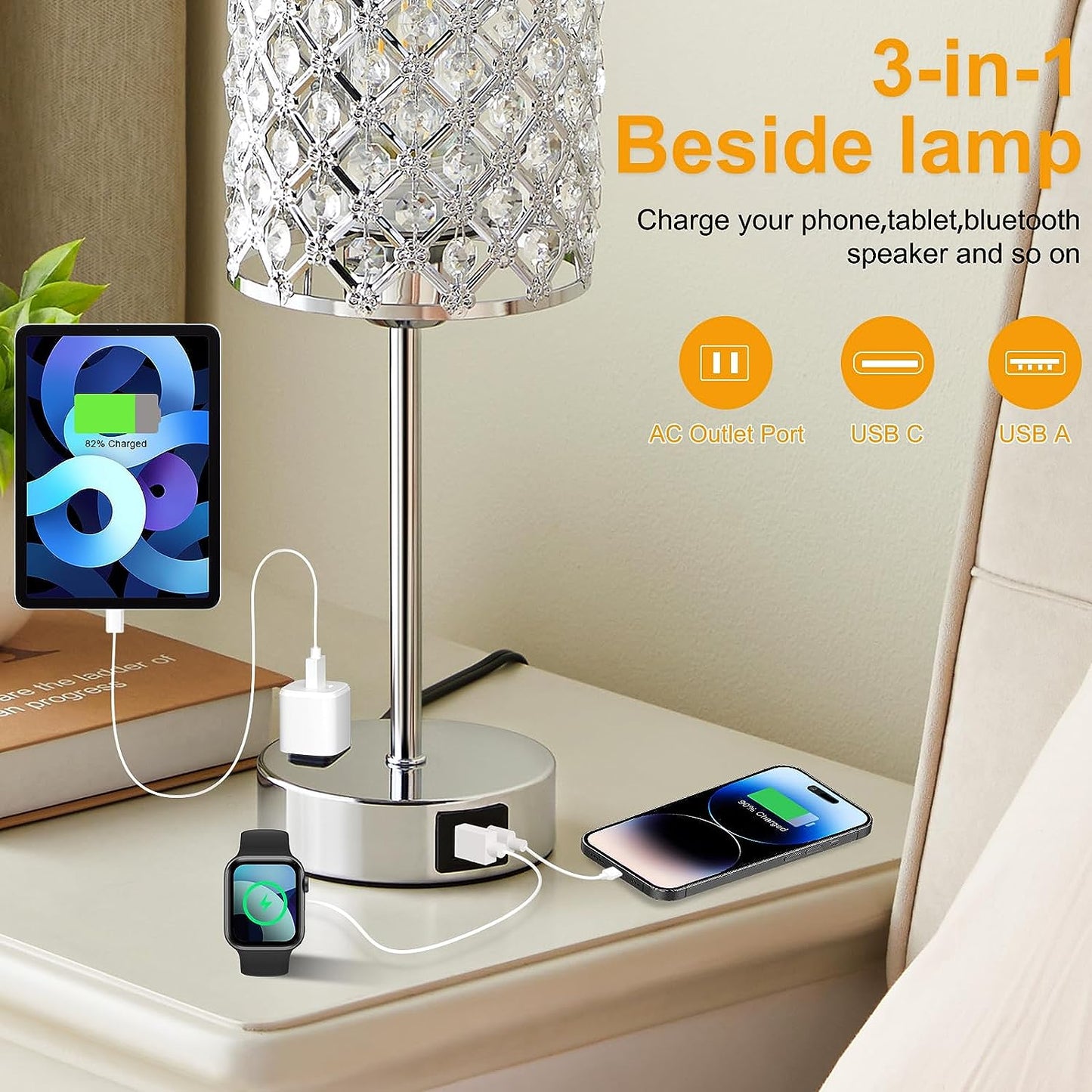 Table Lamps for Bedroom Set of 2-Crystal Table Lamp with USB C+A Ports & AC Outlet Sliver Nightstand Touch Lamp with 3-Way Dimmable Bedside Side Desk Lamp for Living/Bedroom (LED Bulb Included)