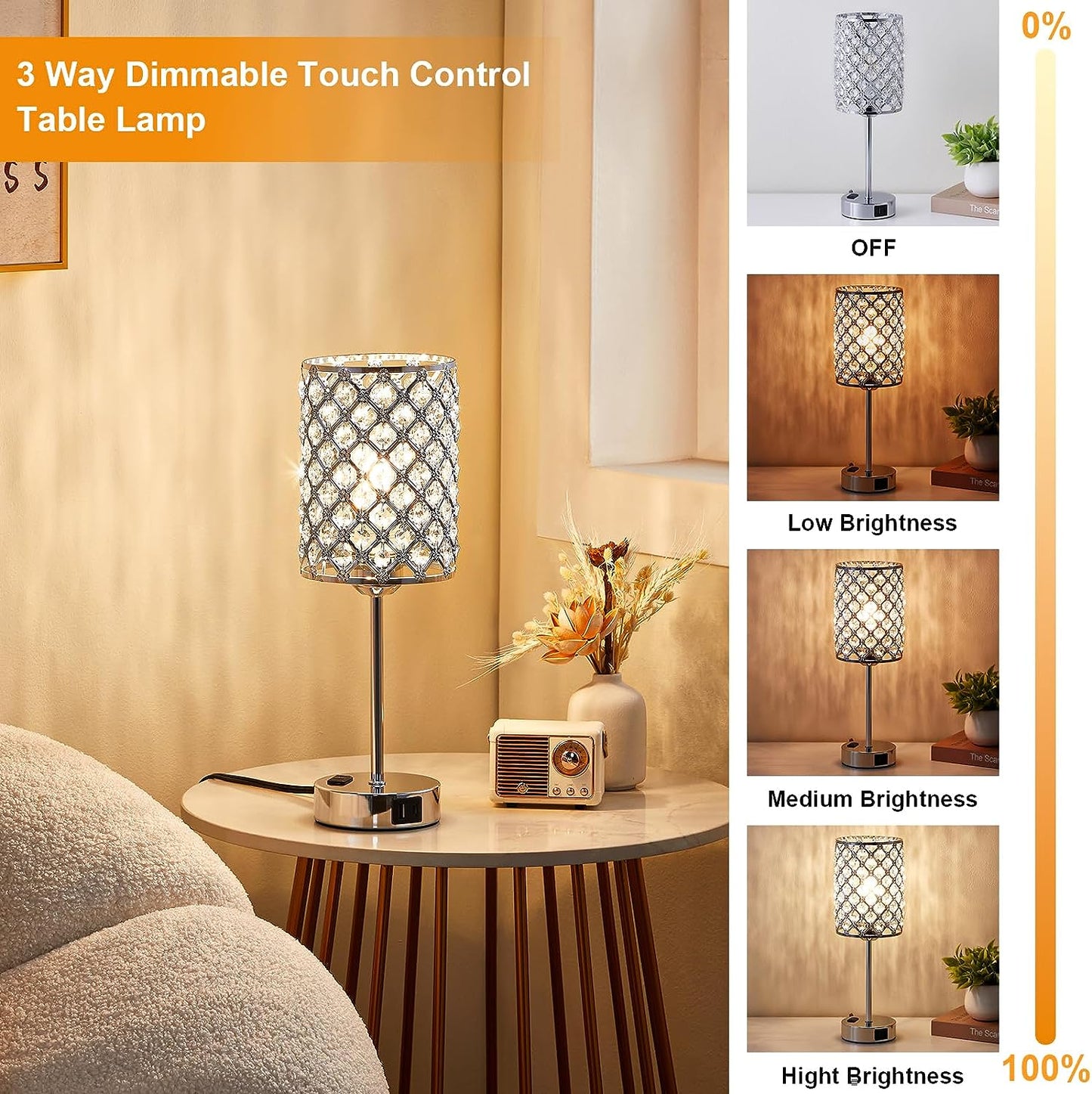 Table Lamps for Bedroom Set of 2-Crystal Table Lamp with USB C+A Ports & AC Outlet Sliver Nightstand Touch Lamp with 3-Way Dimmable Bedside Side Desk Lamp for Living/Bedroom (LED Bulb Included)