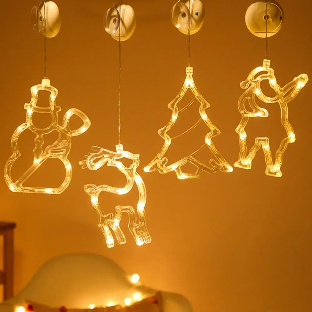 Christmas Star Lights Holiday Window Decoration Christmas LED Star Bell Snowman Santa Suction Cup Fairy Light Home Window Decor