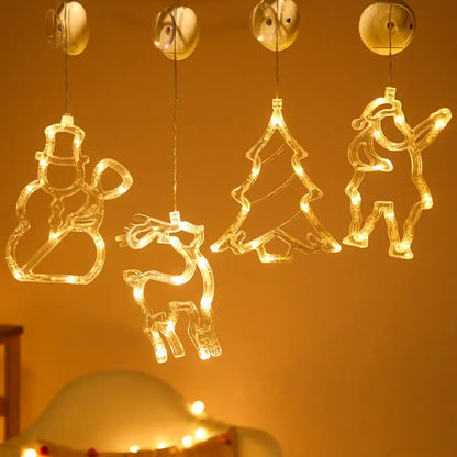 Christmas Star Lights Holiday Window Decoration Christmas LED Star Bell Snowman Santa Suction Cup Fairy Light Home Window Decor