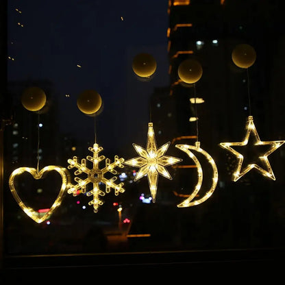 Christmas Star Lights Holiday Window Decoration Christmas LED Star Bell Snowman Santa Suction Cup Fairy Light Home Window Decor