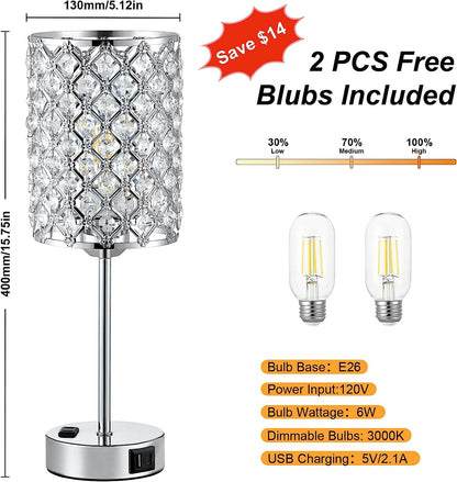 Table Lamps for Bedroom Set of 2-Crystal Table Lamp with USB C+A Ports & AC Outlet Sliver Nightstand Touch Lamp with 3-Way Dimmable Bedside Side Desk Lamp for Living/Bedroom (LED Bulb Included)