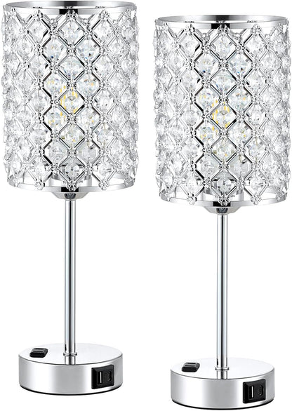 Table Lamps for Bedroom Set of 2-Crystal Table Lamp with USB C+A Ports & AC Outlet Sliver Nightstand Touch Lamp with 3-Way Dimmable Bedside Side Desk Lamp for Living/Bedroom (LED Bulb Included)