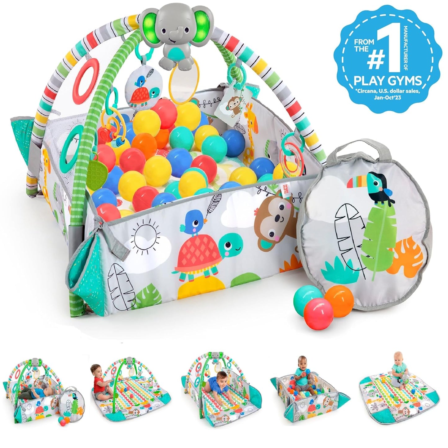 5-in-1 Your Way Ball Play Jumbo Play Mat and Ball Pit - Versatile Baby Gym for Newborns to Toddlers in Tropical Green